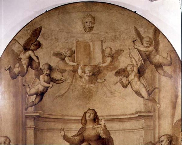 Ołtarz Wielkiej Rady, szczegół przedstawiający muzyczne anioły trzymające w górze księgę autorstwa Fra Bartolomeo