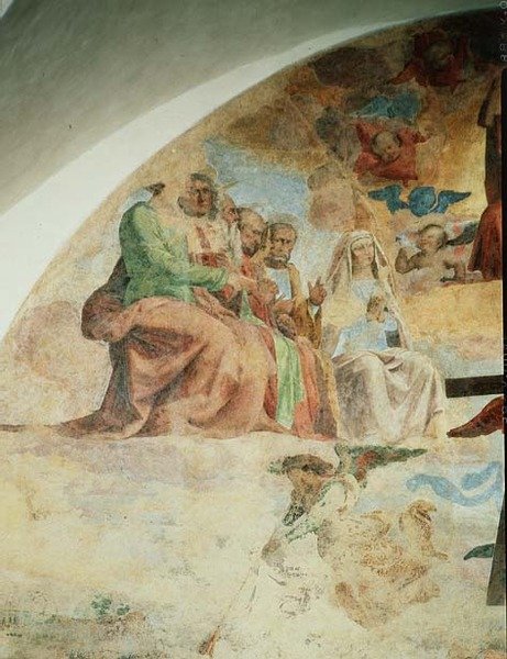 Sąd Ostateczny, detal przedstawiający Dziewicę i Apostołów po prawej stronie Chrystusa autorstwa Fra Bartolomeo