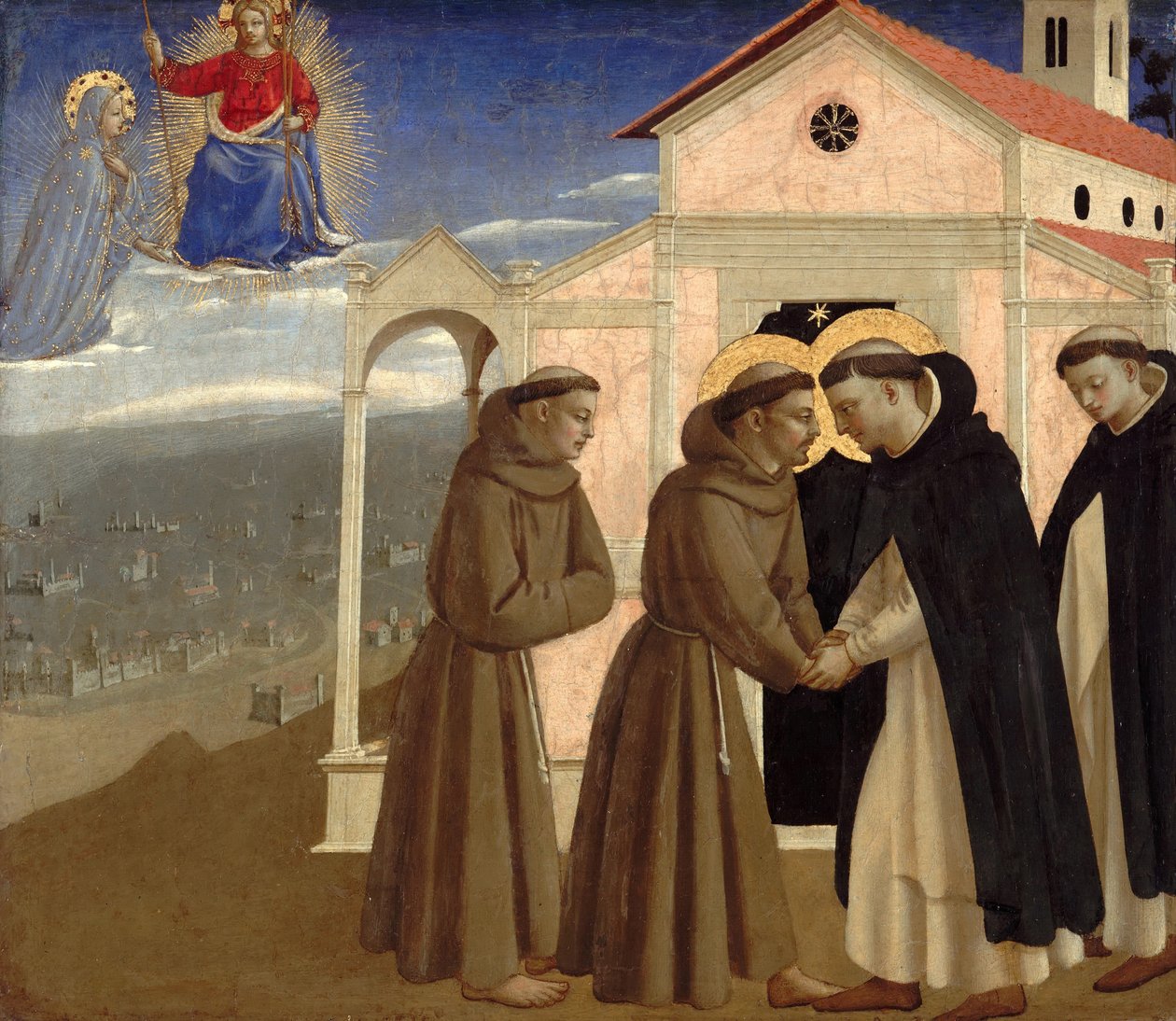 Spotkanie św. Franciszka i św. Dominika (Sceny z życia św. Franciszka z Asyżu), ok. 1429 (tempera na panelu) autorstwa Fra (c.1387 1455) Angelico