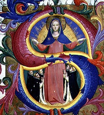 Ms 558 f.156v Historyczny inicjał „S” przedstawiający Dziewicę ukrywającą błagalników pod płaszczem, szczegół z Mszału, początek lat 30. XIV wieku (wellum) (szczegóły patrz 78826 i 88941) autorstwa Fra (c.1387 1455) Angelico
