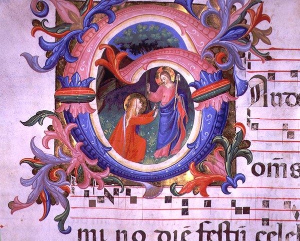 Ms 558 f.64v Historyczny inicjał „G” przedstawiający Noli Me Tangere, fragment mszału, początek lat 30. XIV wieku (welum) autorstwa Fra (c.1387 1455) Angelico