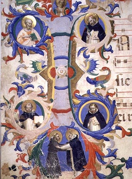 Ms 558 f.67v Historyczny inicjał „I” przedstawiający (zgodnie z ruchem wskazówek zegara) SS. Augustyn, Ambroży, Piotr Męczennik, Grzegorz i Hieronim, fragment z Mszału, początek lat 30. XIV wieku (welum) (szczegół z 88937) autorstwa Fra (c.1387 1455) Angelico