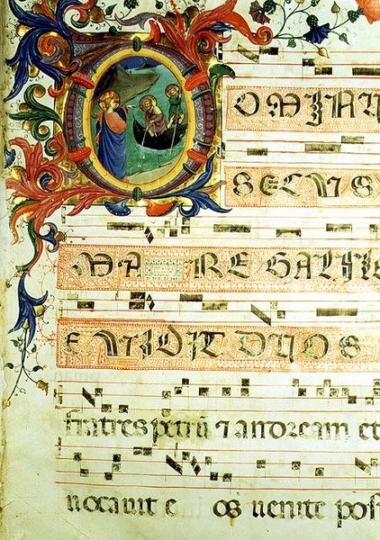 Ms 558 f.9r Historyczny inicjał „O” przedstawiający wezwanie św. Piotra i św. Andrzeja z zapisem nutowym, fragment strony z Mszału, początek lat 30. XIV w. (welin) (szczegóły zob. 78833 i 88929) autorstwa Fra (c.1387 1455) Angelico