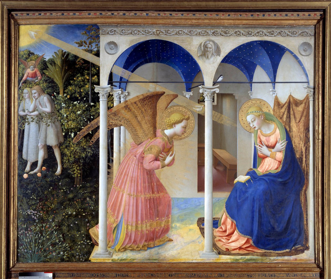 Zwiastowanie (w tle Adam i Ewa wypędzeni z raju), ok. 1445 (tempera i złoto na desce) autorstwa Fra (c.1387 1455) Angelico
