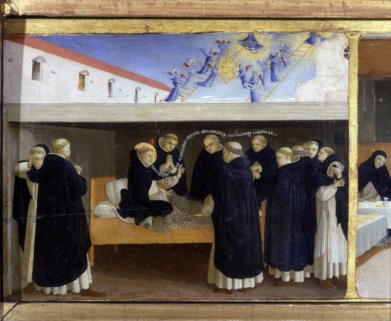 Śmierć św. Dominiki (1221) - dolna część (predella) „Koronacji Marii” przedstawiająca Chrystusa przy grobie i sześć epizodów z życia św. Dominiki, założycielki zakonu, do którego należał Angelicode Guido di Pietro (lub F autorstwa Fra  Angelico