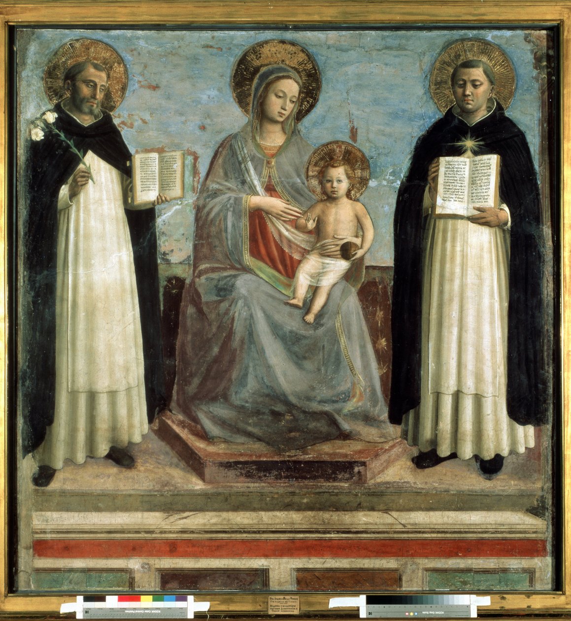 ""Madonna z Dzieciątkiem w otoczeniu św. Dominika de Guzman (1170-1221), założyciela zakonu dominikanów i św. Tomasza z Akwinu (1225-1274) doktora kościoła" (Matka Boska i Dzieciątko ze św. Dominikiem i św. Tomaszem z Akwinu) Nosówka na drewnie jemioły autorstwa Fra (c.1387 1455) Angelico