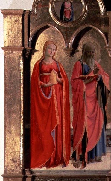 Dziewica z Dzieciątkiem na tronie z czterema aniołami, fragment św. Jana Ewangelisty i Marii Magdaleny, z Polittico di San Domenico (detal z 43910) autorstwa Fra (c.1387 1455) Angelico