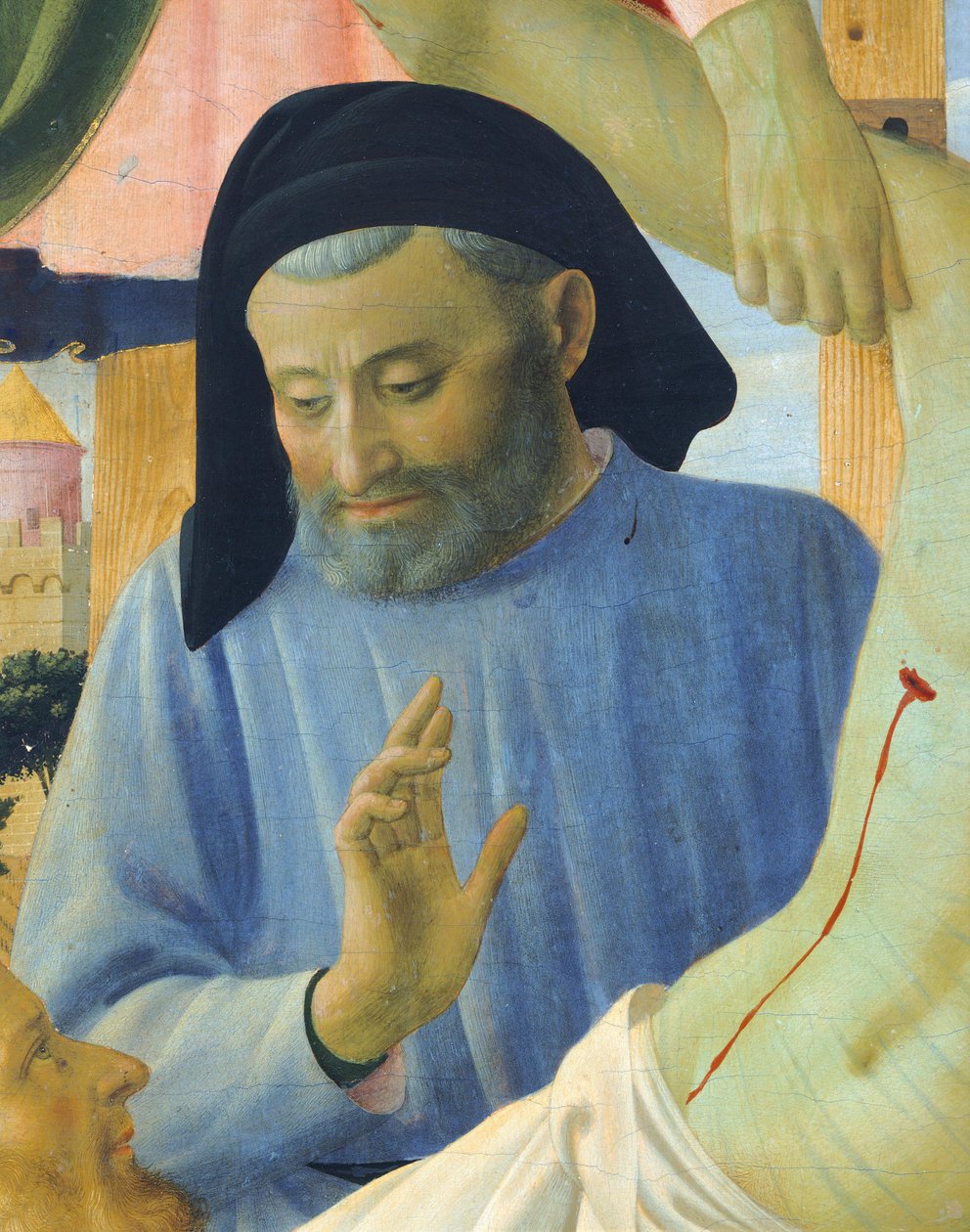 Architekt Michelozzo, detal z Zdejmowania z krzyża lub ołtarza Trójcy Świętej, ok. 1432, autorstwa Giovanniego da Fiesole zwanego Fra Angelico (1400-ok. 1455), tempera na drewnie autorstwa Fra (c.1387 1455) Angelico