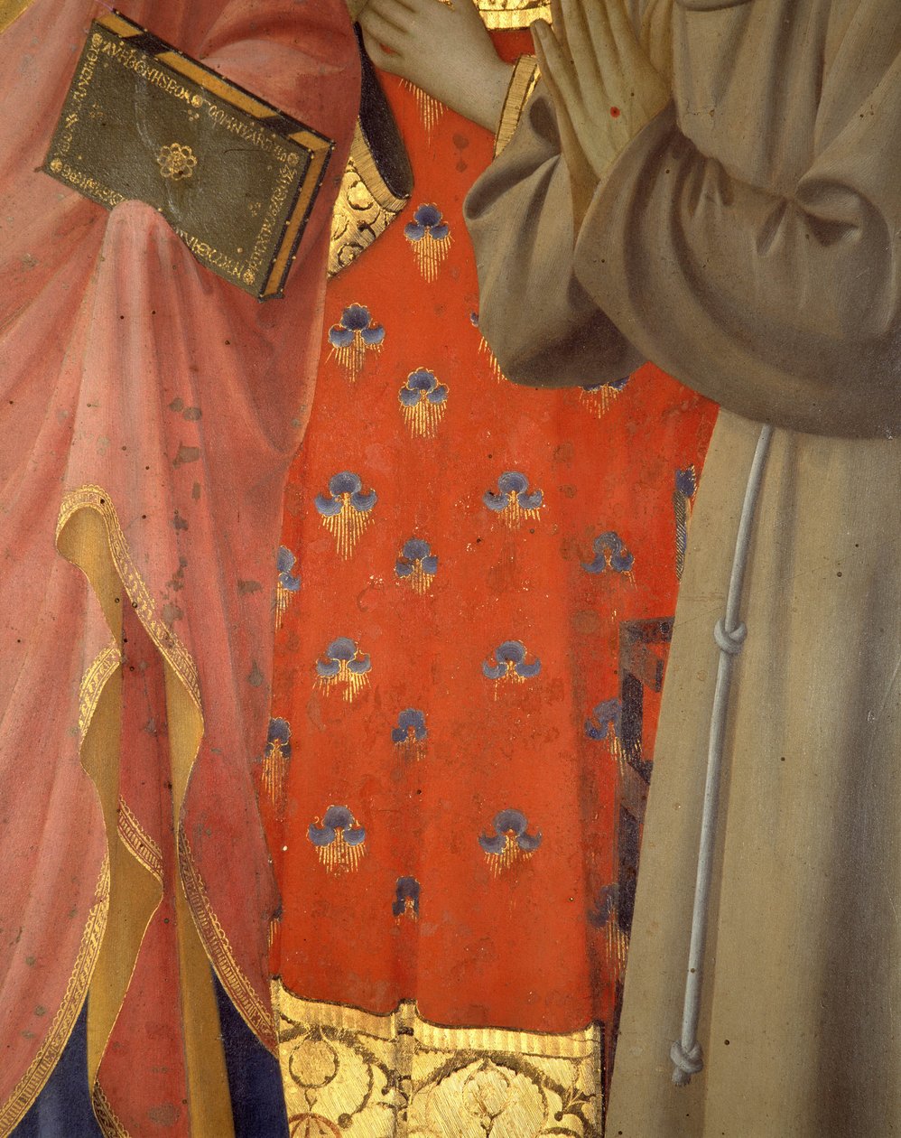 Fragment ołtarza Annaleny. Tunika i ubiór św. Jana Ewangelisty, św. Wawrzyńca i św. Franciszka (tempera na drewnie) autorstwa Fra  Angelico