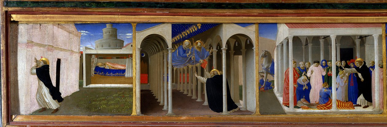 Od lewej do prawej: św. Dominika (1170-1221) i papież Innocenty III (1160-1216), objawienie św. Piotra i św. Pawła św. predelle ołtarza „” Coro autorstwa Fra  Angelico