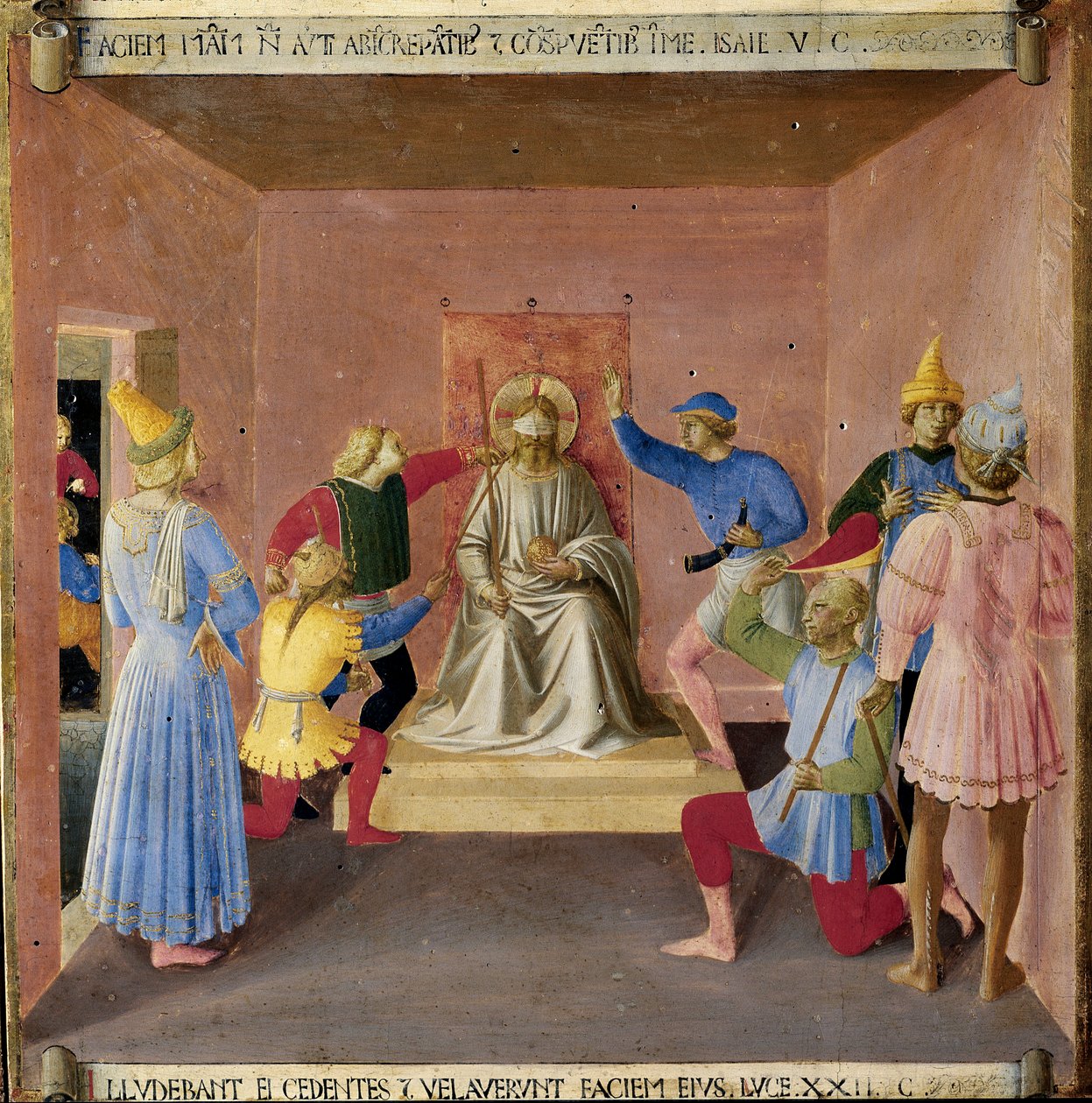 Jezus wyśmiewany przez żołnierzy. Życie Chrystusa, Armadio degli Argenti. (Tempera na drewnie autorstwa Fra  Angelico