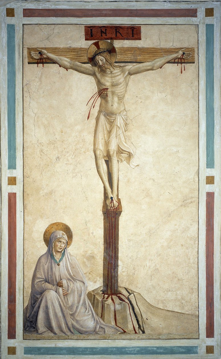 Ukrzyżowanie z Matką Boską. Na krzyżu napis „INRI”. Fresco de Guido di Pietro (ou Fra Giovanni da Fiesole) dit Fra Angelico ou il Beato (1400-1455) autorstwa Fra  Angelico