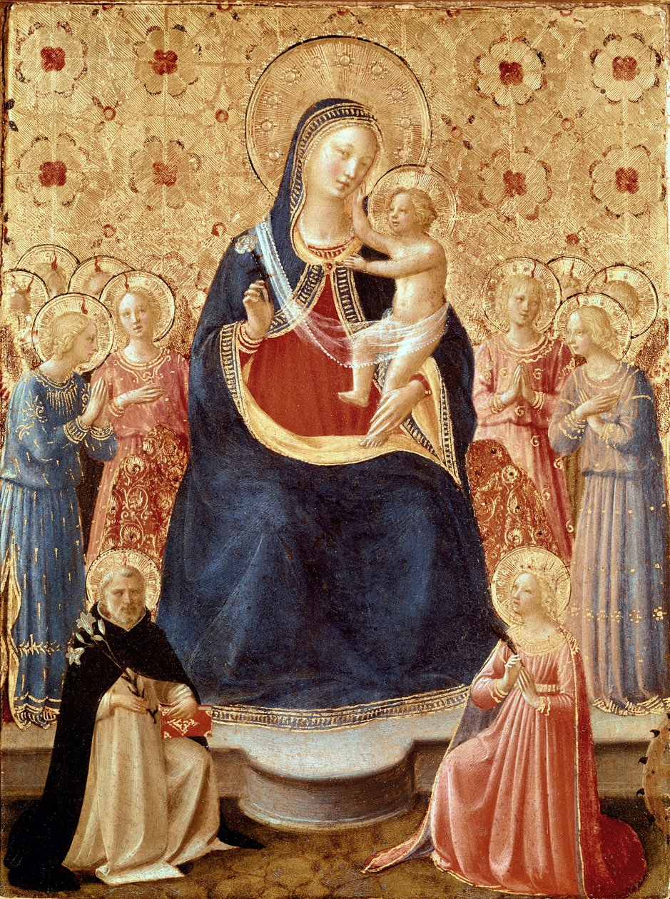 Madonna z Dzieciątkiem i aniołami, Święty Dominik i Święta Katarzyna Aleksandryjska, ok. 1435 (tempera i złoto na panelu) autorstwa Fra (c.1387 1455) Angelico