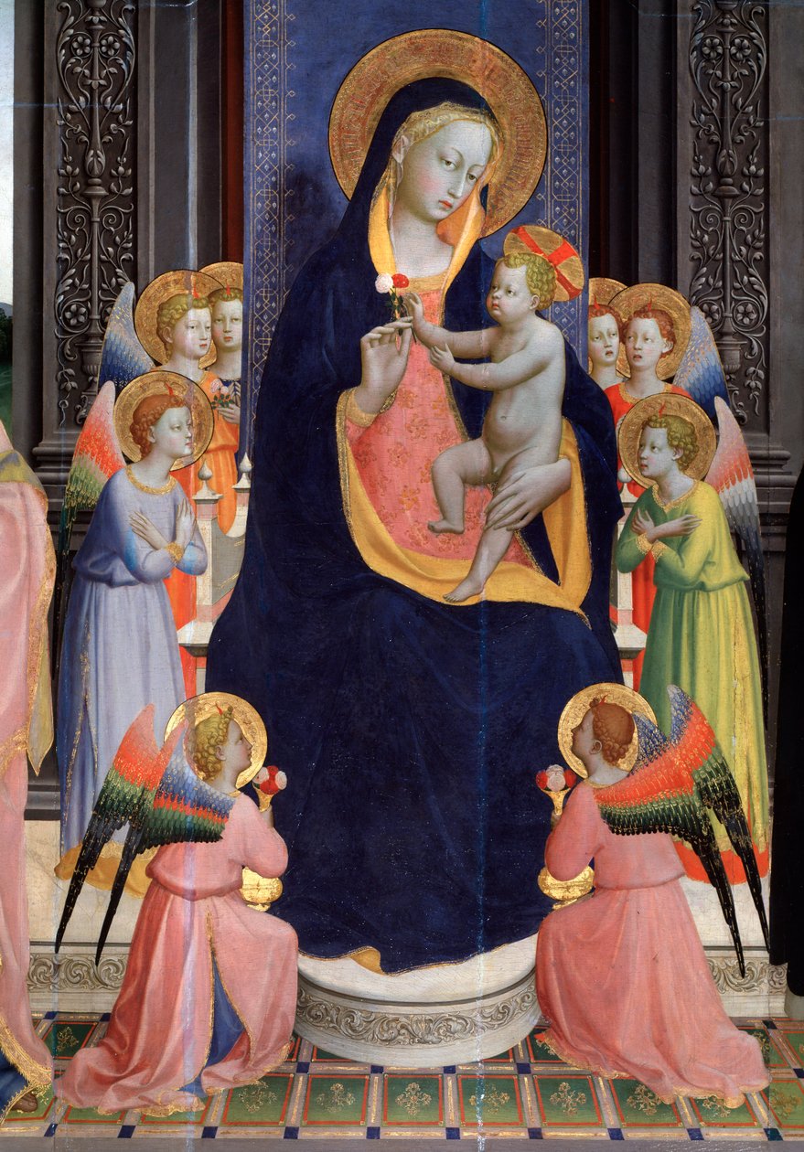 Madonna i dziecko z aniołami. Fragment ołtarza św. Dominika lub Pala di Fiesole (tempera na drewnie, ok. 1424-1428) autorstwa Fra  Angelico
