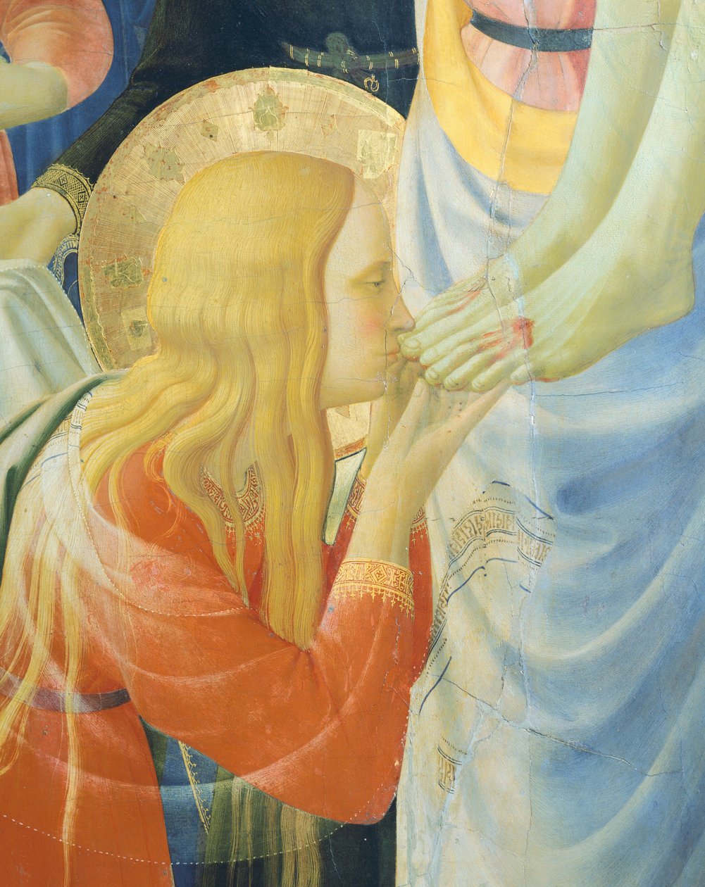 Maria Magdalena całująca stopy Jezusa, fragment z Złożenie z krzyża lub ołtarza Trójcy Świętej, ok. 1432, autorstwa Giovanniego da Fiesole zwanego Fra Angelico (1400-ok. 1455), tempera na drewnie autorstwa Fra (c.1387 1455) Angelico