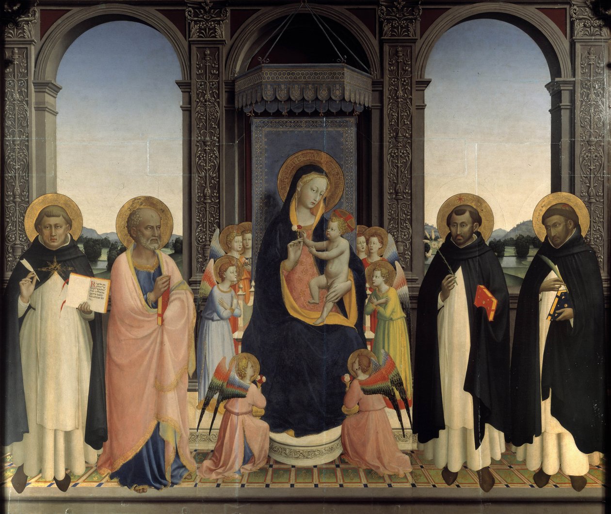 Poliptyk św. Dominika - św. Tomasz z Akwinu i św. Barnabe, św. Dominik i św. Piotr Męczennik autorstwa Fra  Angelico