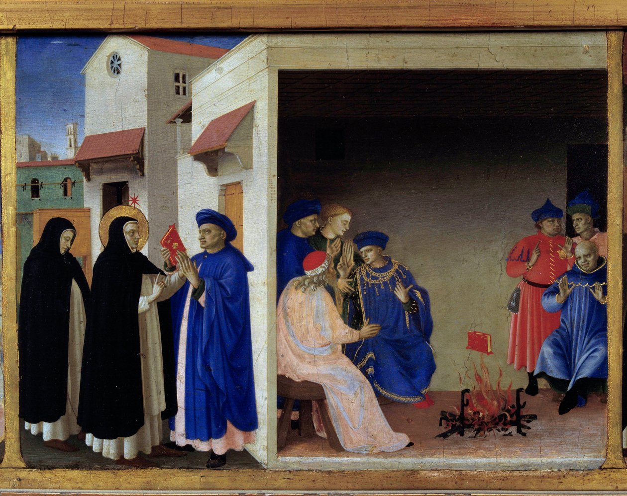 Predelle koronacji Dziewicy: cud księgi wysyła do Albigeese. Św. Dominika obala herezję katarów. Detrempe on wood autorstwa Guido di Pietro (lub Fra Giovanni da Fiesole) dit Fra Angelico lub il Beato (1400-1455). Muzeum w Luwrze autorstwa Fra  Angelico