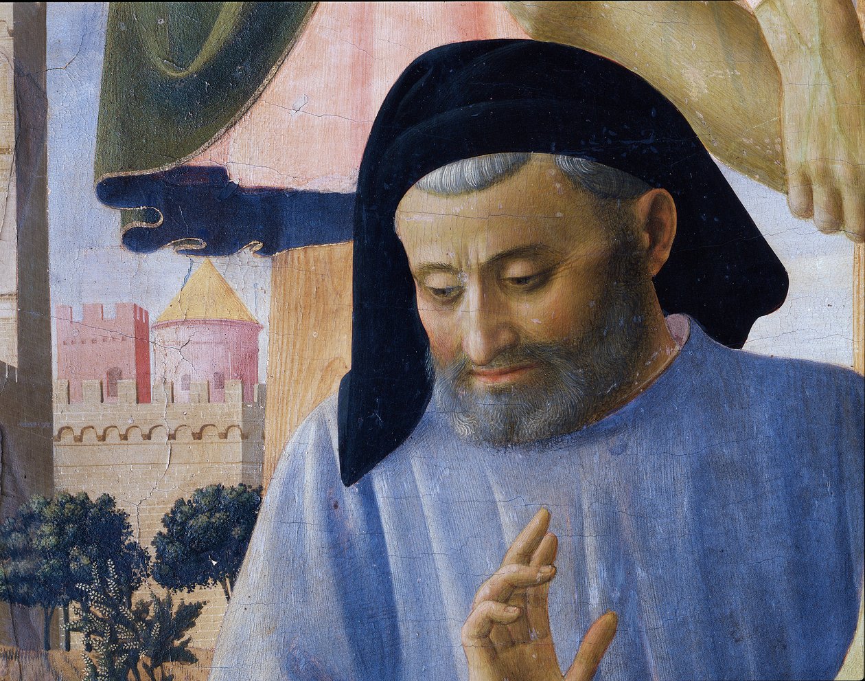 Domniemany portret architekta Michelozza Michelozziego. Detal Osadzania Chrystusa lub Ołtarz Trójcy Świętej (Tempera na drewnie) autorstwa Fra  Angelico