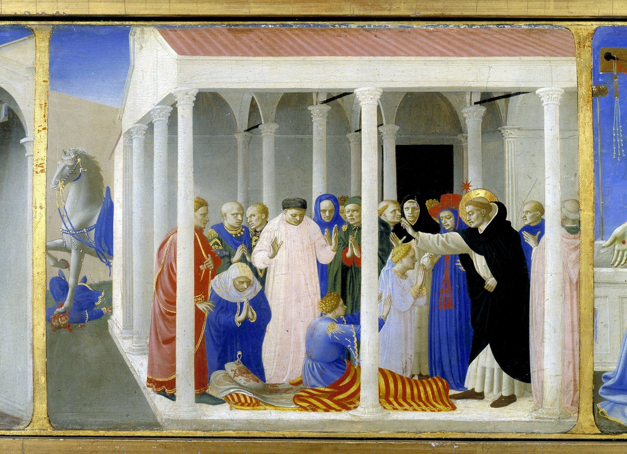 Św. Dominika (1170 - 1221) wskrzesi Napoleone Orsini, dolna część (predelle) „Koronacji Dziewicy” przedstawiająca Chrystusa przy grobie i sześć epizodów z życia św. Dominika, założyciela zakonu, do którego należą Angelicode autorstwa Fra  Angelico