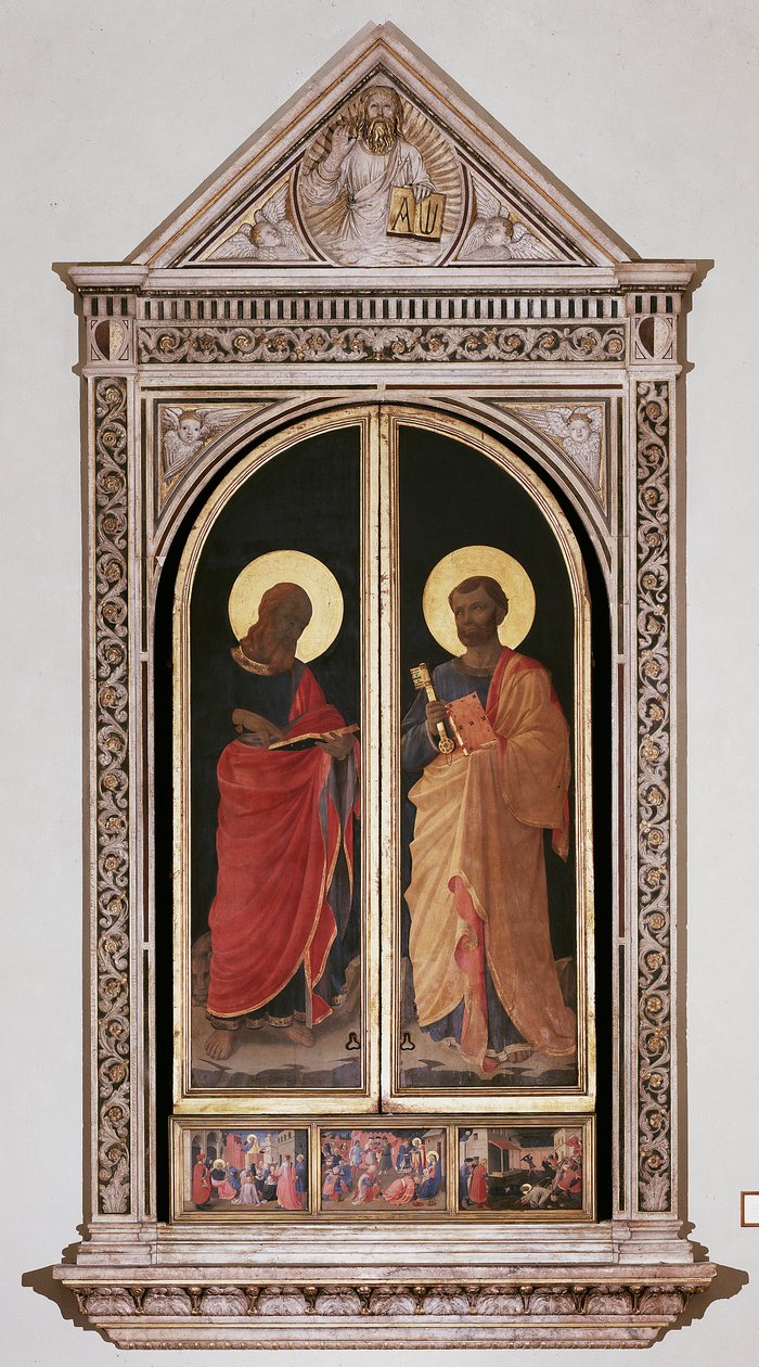 Św. Marek (po lewej) i Św. Piotr. Zamknięty Tabernakulum Linaioli (malarstwo na drewnie) autorstwa Fra  Angelico