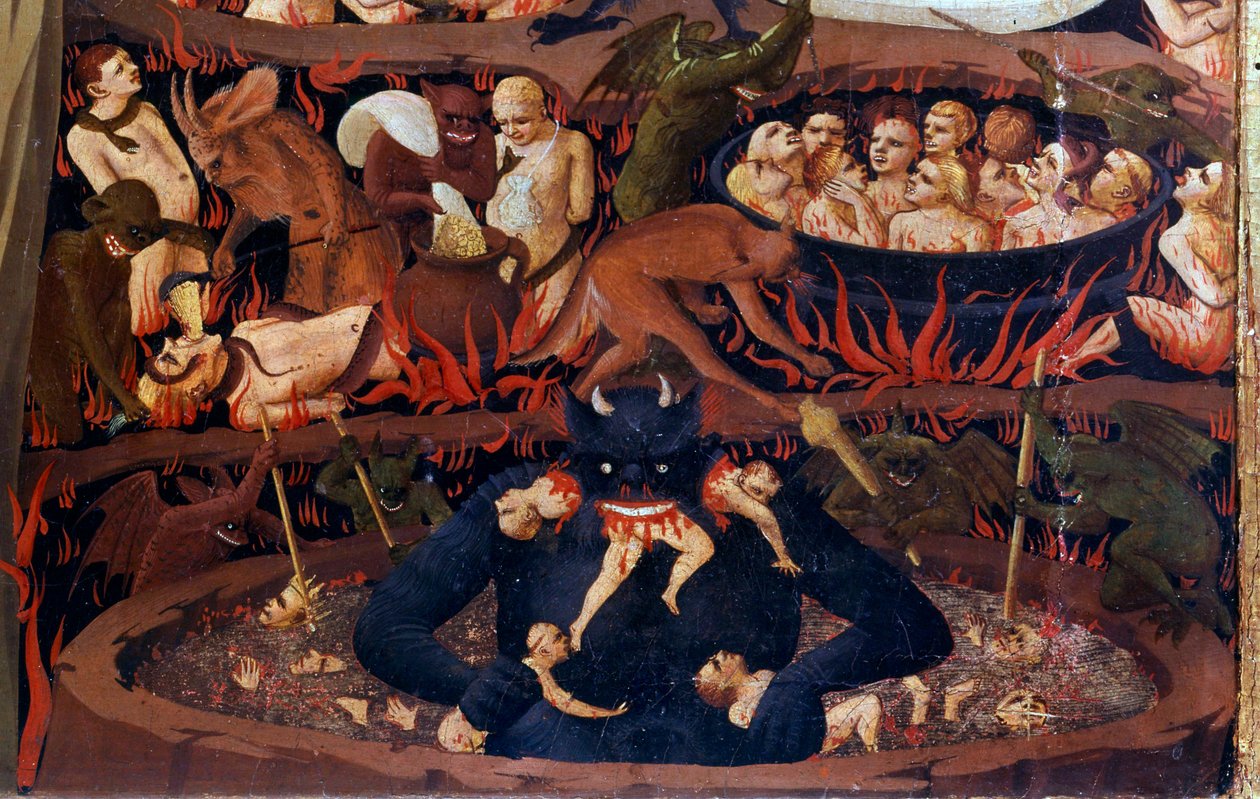 Sąd Ostateczny: szczegół Zaświatów. Cholery w piekielnych kręgach, tortury demonów. Fragment detrempe na drewnie autorstwa Guido di Pietro (lub Fra Giovanni da Fiesole) dit Fra Angelico lub il Beato (1387-1455) autorstwa Fra  Angelico