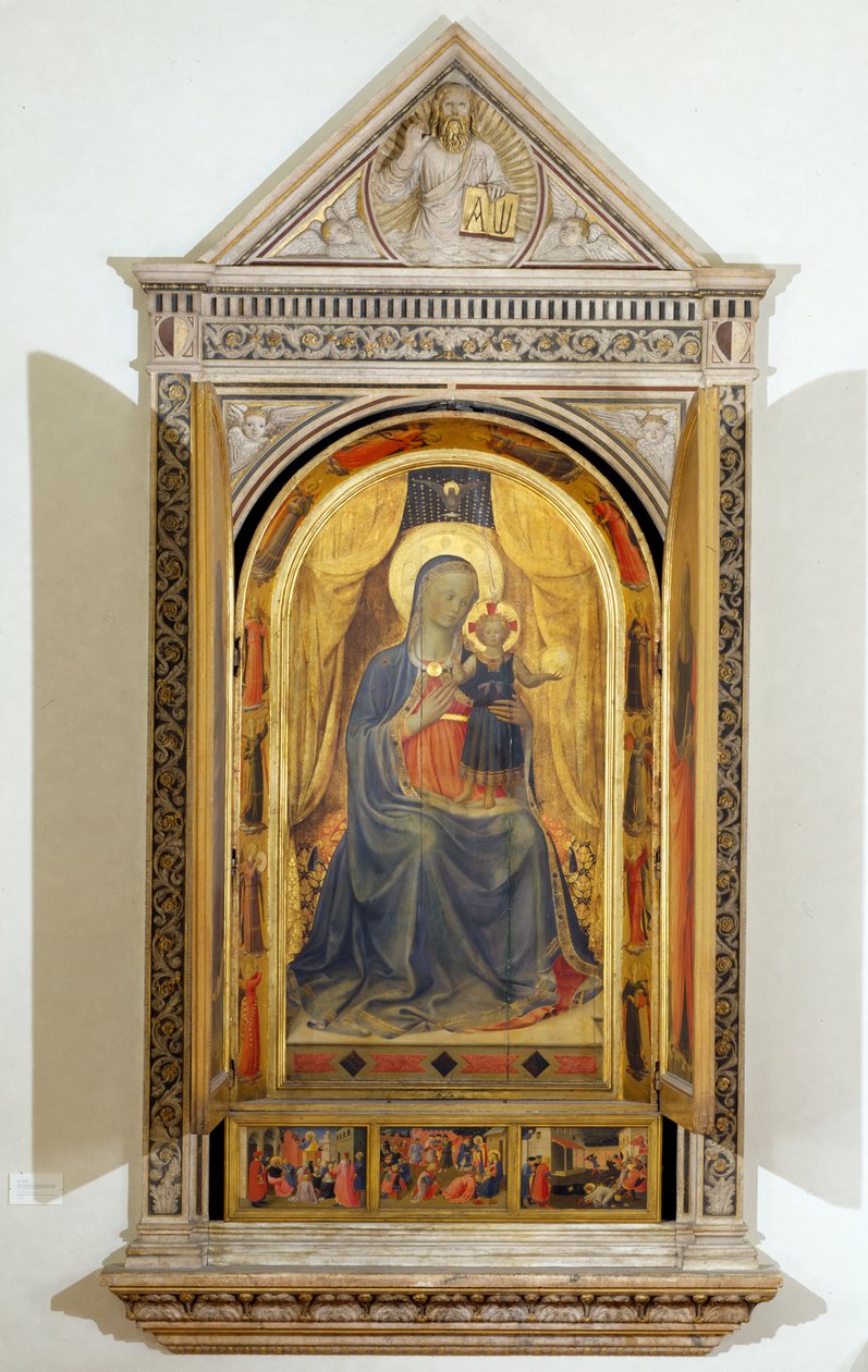 Tryptyk Linaiuoli (z otwartymi okiennicami): Dziewica z Dzieciątkiem na tronie ze św. Janem Chrzcicielem i św. Markiem autorstwa Fra  Angelico