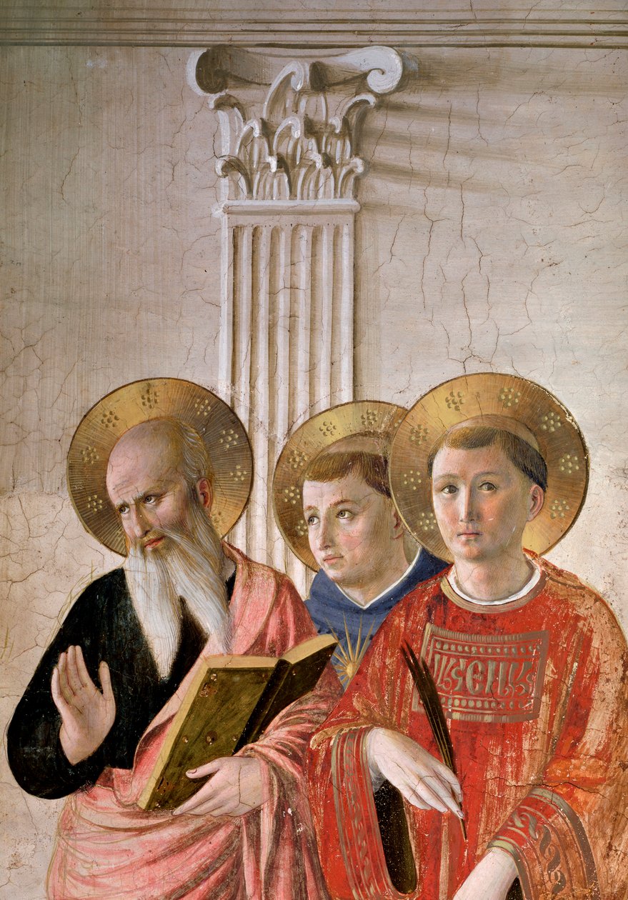 Madonna Cieni. Detal: św. Jan, św. Tomasz i św. Wawrzyniec (fresk, ok. 1438-1446) autorstwa Fra  Angelico