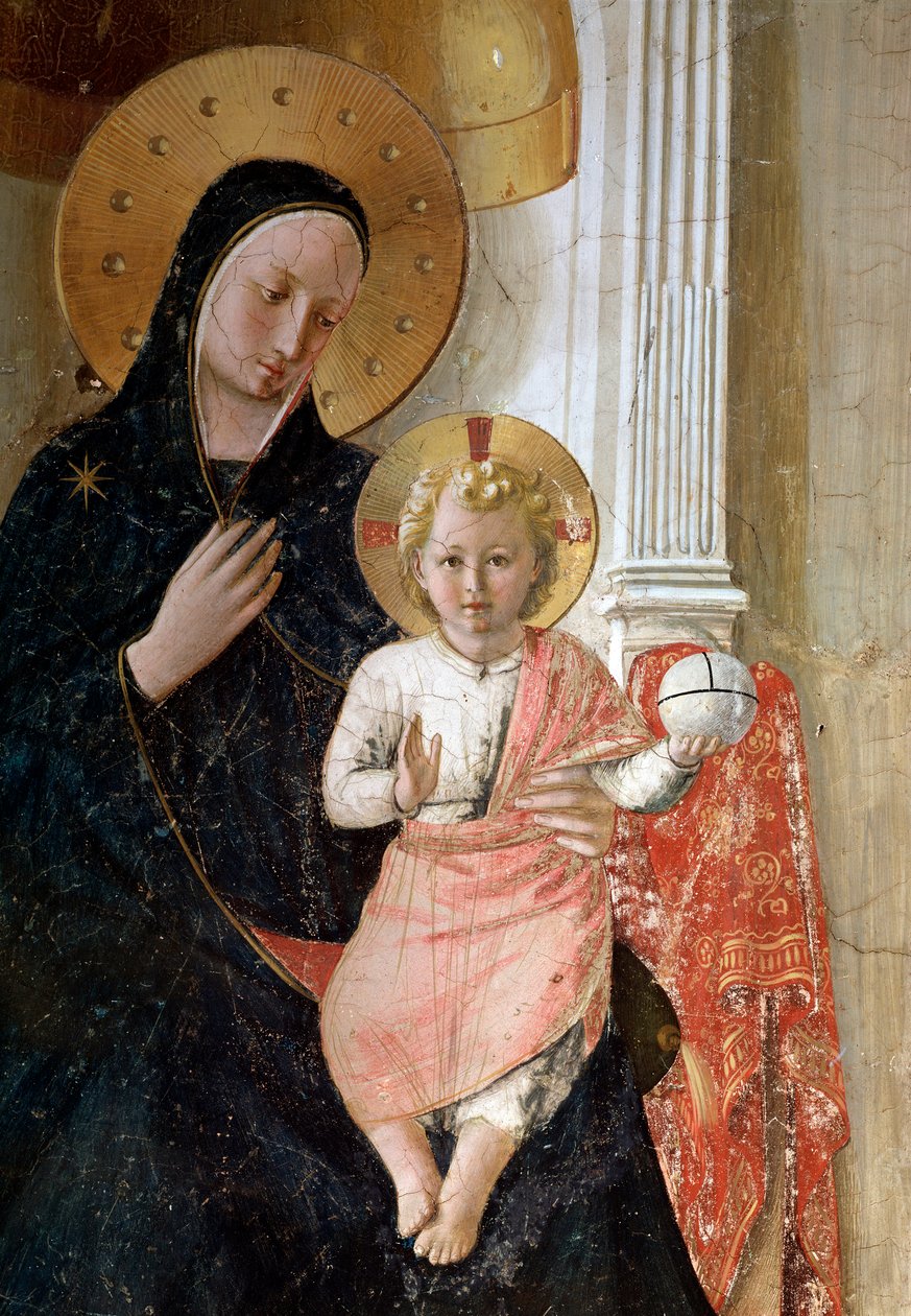 Madonna Cieni. Szczegół, aureola Jezusa Chrystusa oznaczona krzyżem (fresk, ok. 1438-1446) autorstwa Fra  Angelico