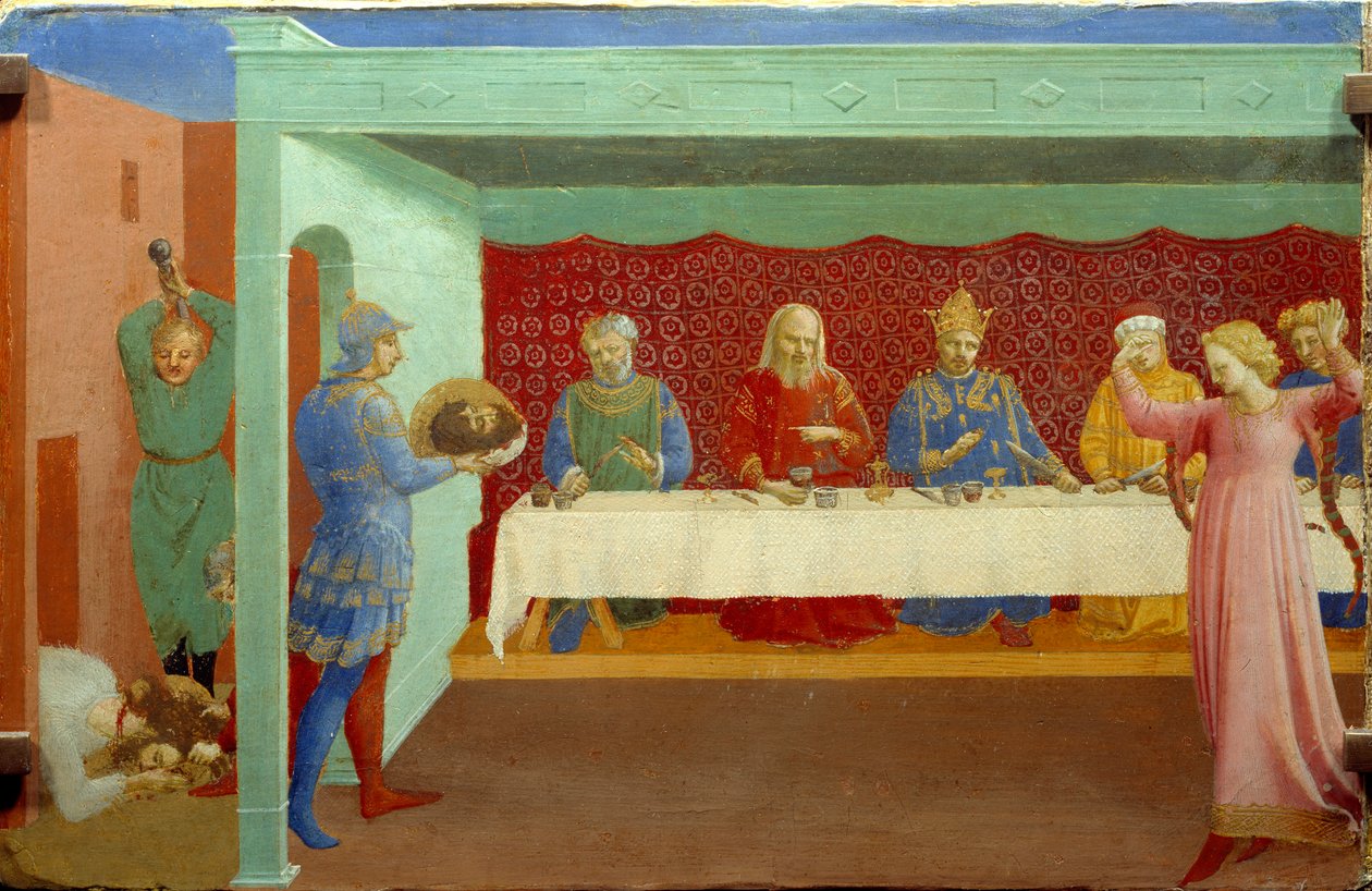 Dekolt św. Jana Chrzciciela na bankiecie Herody Antypasa Bankiet Heroda (Herody Antypas): Córka Herodiady (Salome), zaproszona do tańca podczas urodzin Herody, uwodzi Herodę, która przysięga, że da jej wszystko, o co poprosi autorstwa Fra  Angelico