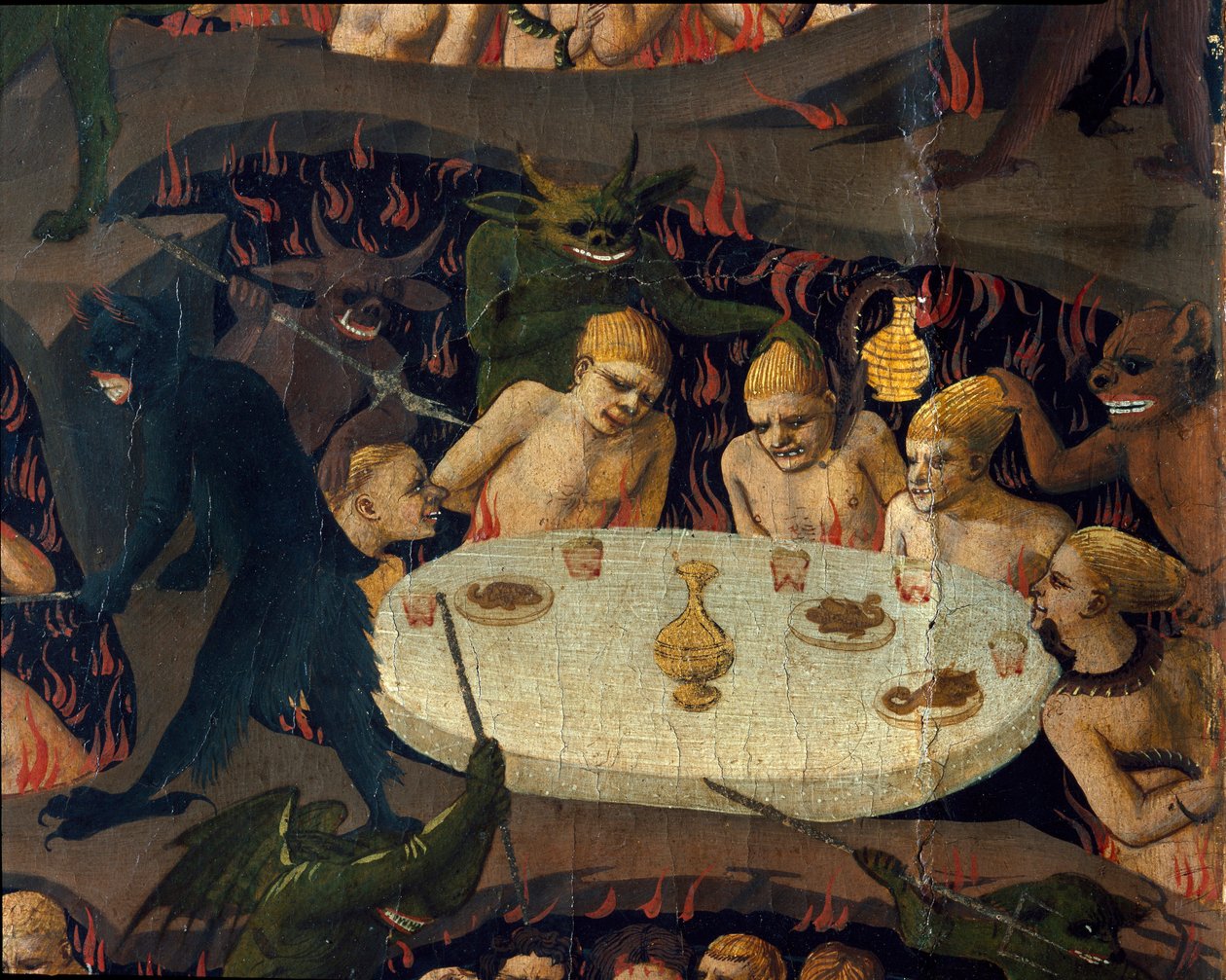 Ostateczny wyrok: cholery są źle traktowane przez demony w podziemiach. Obraz Guido di Pietro (lub Fra Giovanni da Fiesole) dit Fra Angelico ou il Beato (1400-1455) autorstwa Fra  Angelico