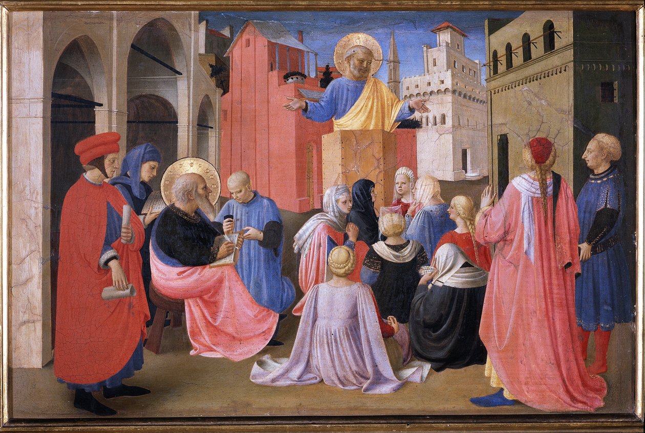 Przepowiadanie św. Piotra w obecności św. Marka. Tabernakulum Linaioli (Malarstwo na drewnie) autorstwa Fra  Angelico