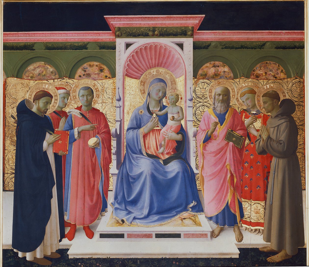 Dziewica i Dzieciątko z sześcioma świętymi, Piotrem, Kosmą i Damianem, św. Janem, św. Wawrzyńcem i św. Franciszkiem. Fragment ołtarza Annalena (malarstwo na drewnie) autorstwa Fra  Angelico