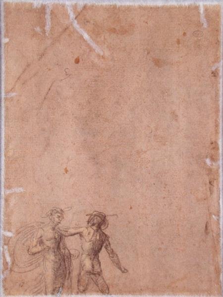 Dwie figury (verso) (czarna i żółta kreda podkreślona białą na papierze) (odbytnicy patrz 152658) autorstwa Fra 1472 1517 Bartolommeo