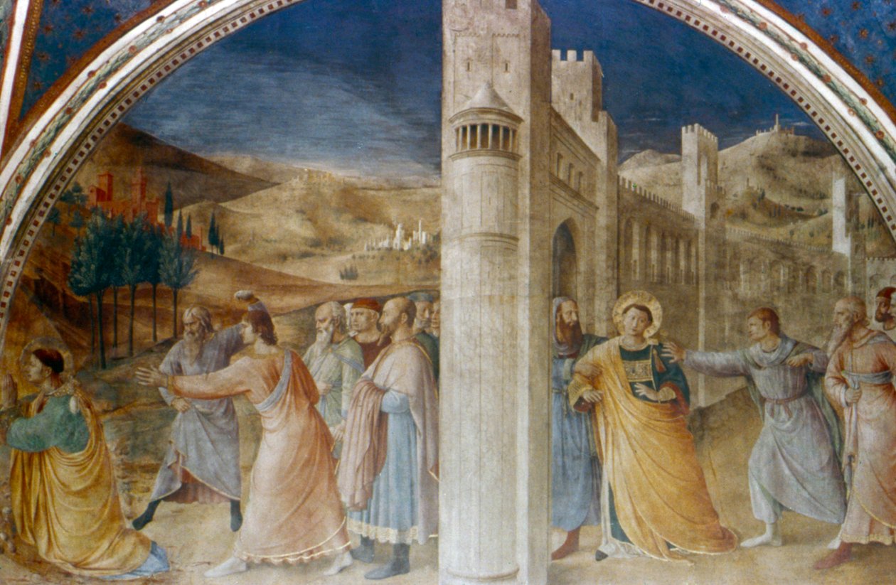 Aresztowanie i ukamienowanie św. Szczepana, połowa XV wieku autorstwa Fra Angelico