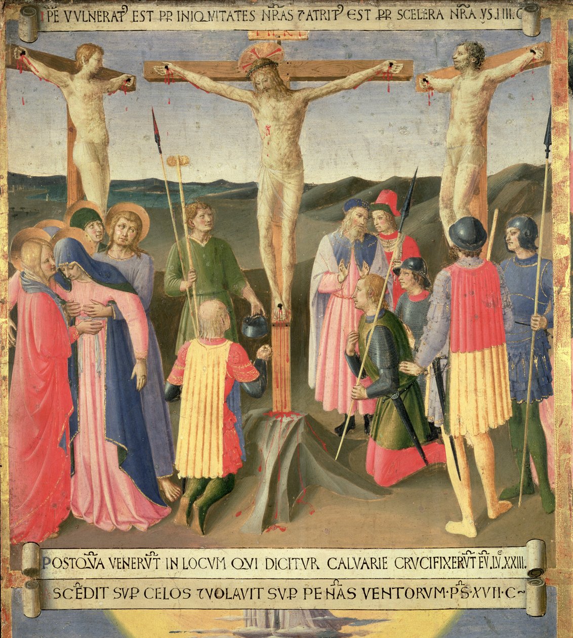 Chrystus na krzyżu między dwoma złodziejami, detal z czwartego panelu Srebrnego Skarbca Santissima Annunziata, ok. 1450-53 (tempera na panelu) autorstwa Fra Angelico