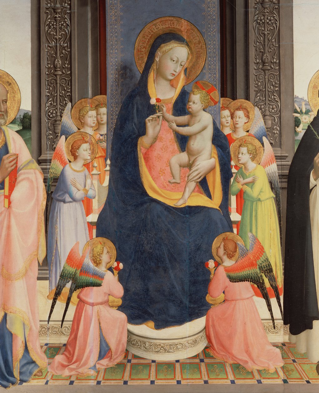 Szczegół z Politico Di San Domenico przedstawiający Dziewicę z Dzieciątkiem na tronie z Ośmioma aniołami, ok. 1422 (tempera na panelu) (patrz także 43912, 238446) autorstwa Fra Angelico