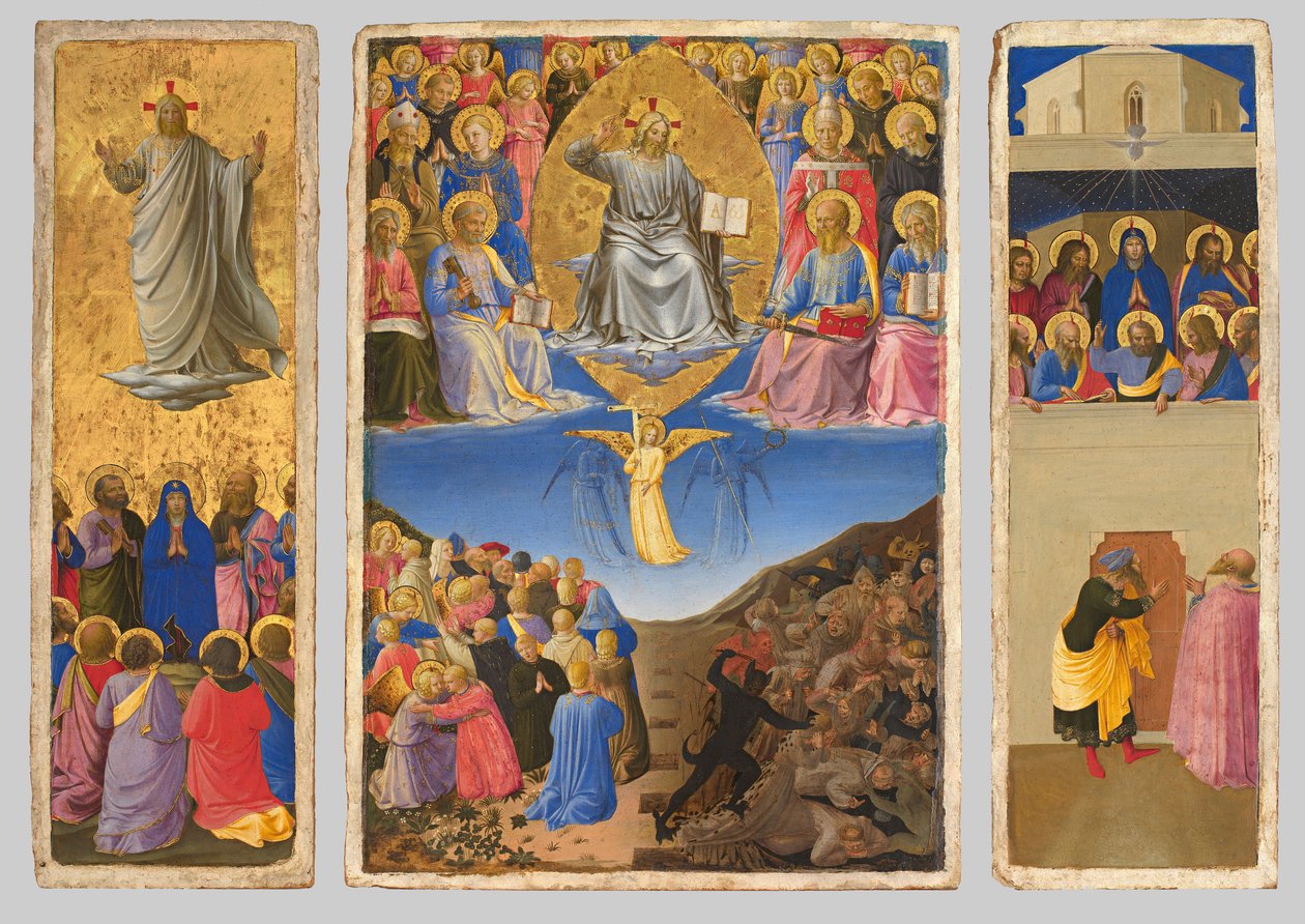 Włoski: Trittico (Ascensione, Giudizio Universale, Pentecoste) Tryptyk przedstawiający Sąd Ostateczny, Wniebowstąpienie i Zesłanie Ducha Świętego. autorstwa Fra Angelico