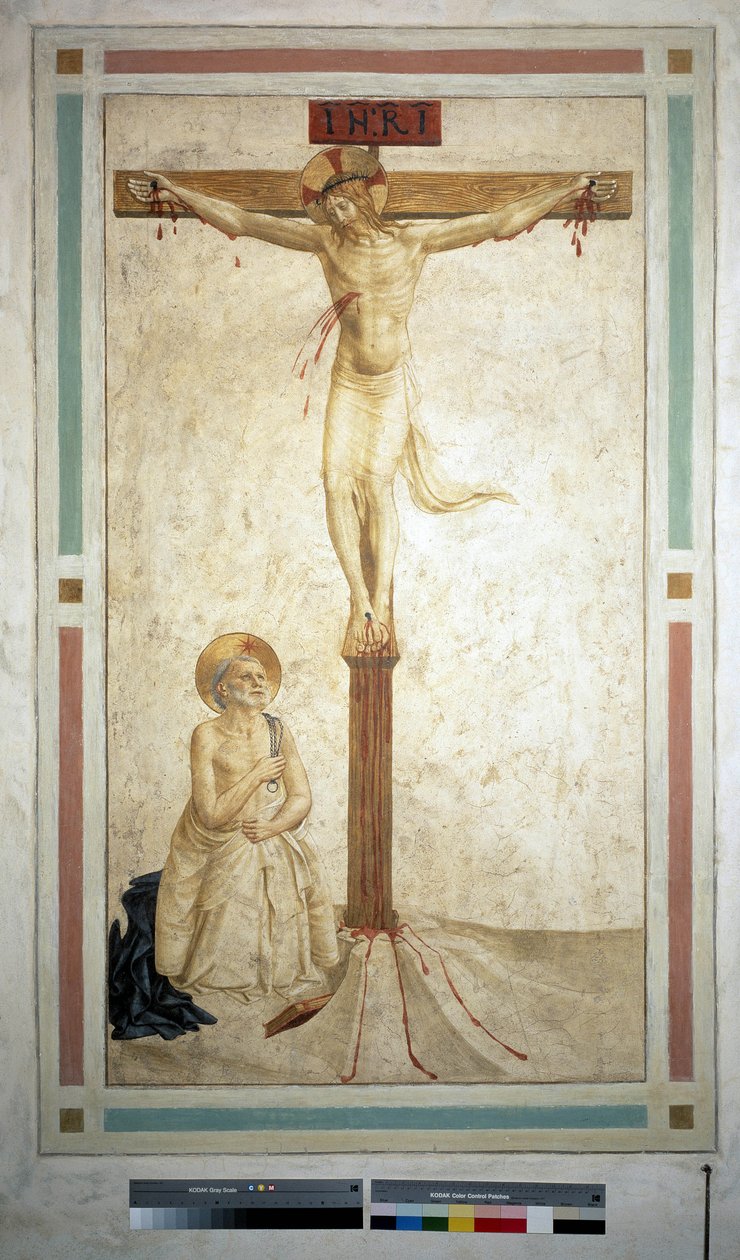 Ukrzyżowanie ze św. Dominikiem. Na krzyżu napis "INRI". Fresk Guido di Pietro autorstwa Fra Angelico