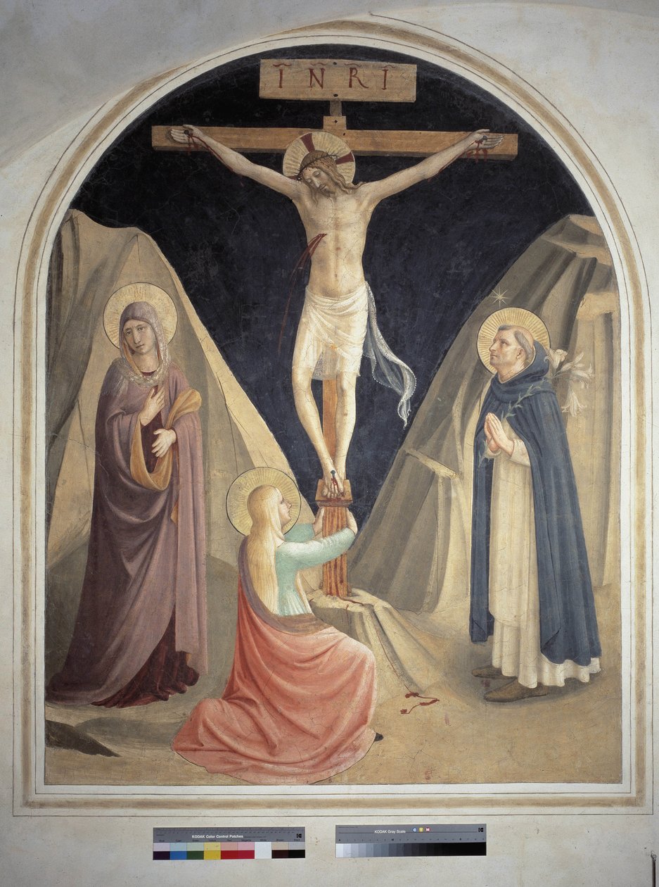 Ukrzyżowanie ze św. Dominikiem, Marią Dziewicą i św. Marią Magdaleną. Na krzyżu napis "INRI". Fresk Guido di Pietro autorstwa Fra Angelico