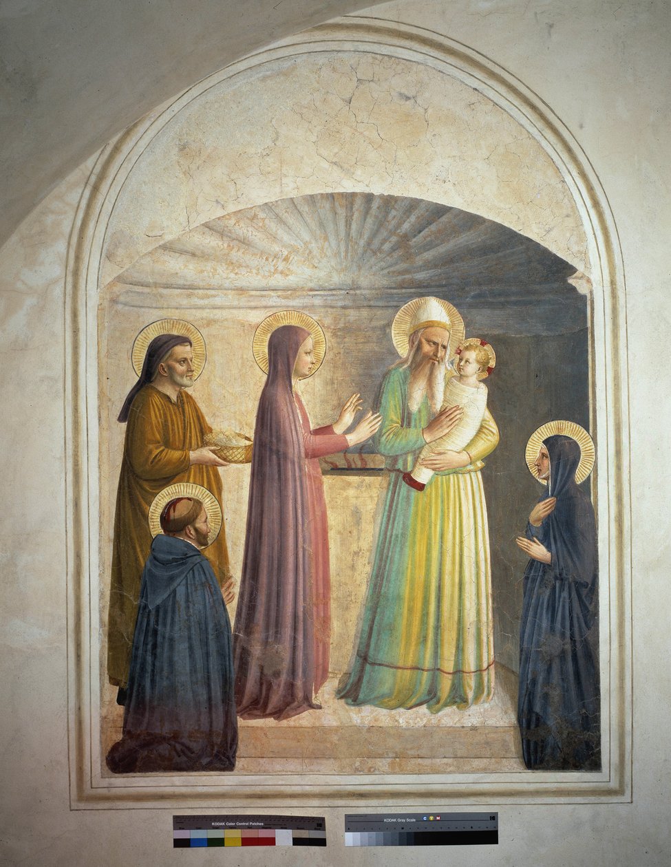 Ofiarowanie Chrystusa w świątyni. Św. Piotr, męczennik i dominikanka Villana obserwują scenę biblijną. Fresk Guido di Pietro autorstwa Fra Angelico
