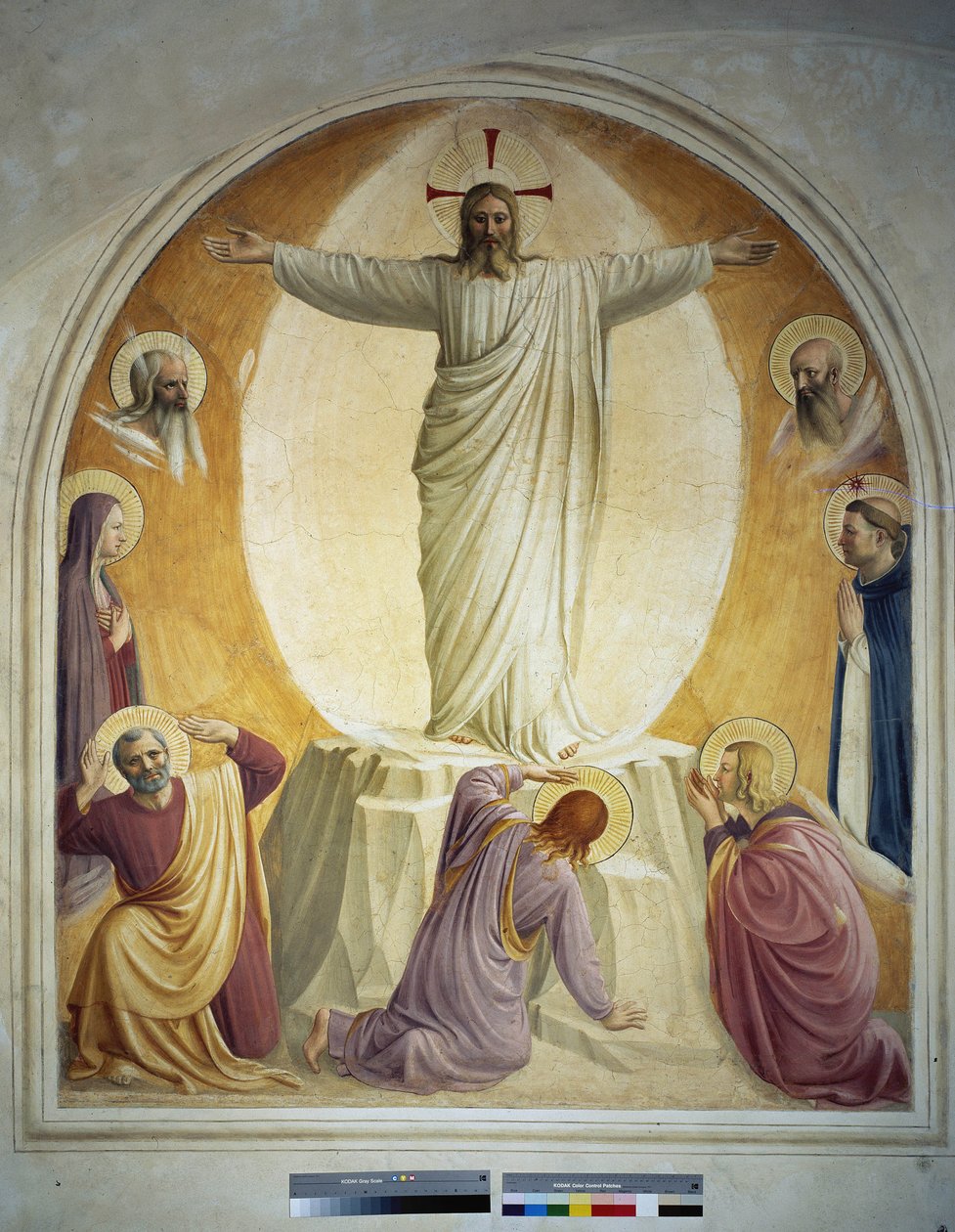 Przemienienie Chrystusa. W tle przedstawiono twarze Mojżesza i Eliasza. Poniżej widzimy Dziewicę i św. Dominika. Następnie na ziemi trzech apostołów. Fresk Guido di Pietro autorstwa Fra Angelico