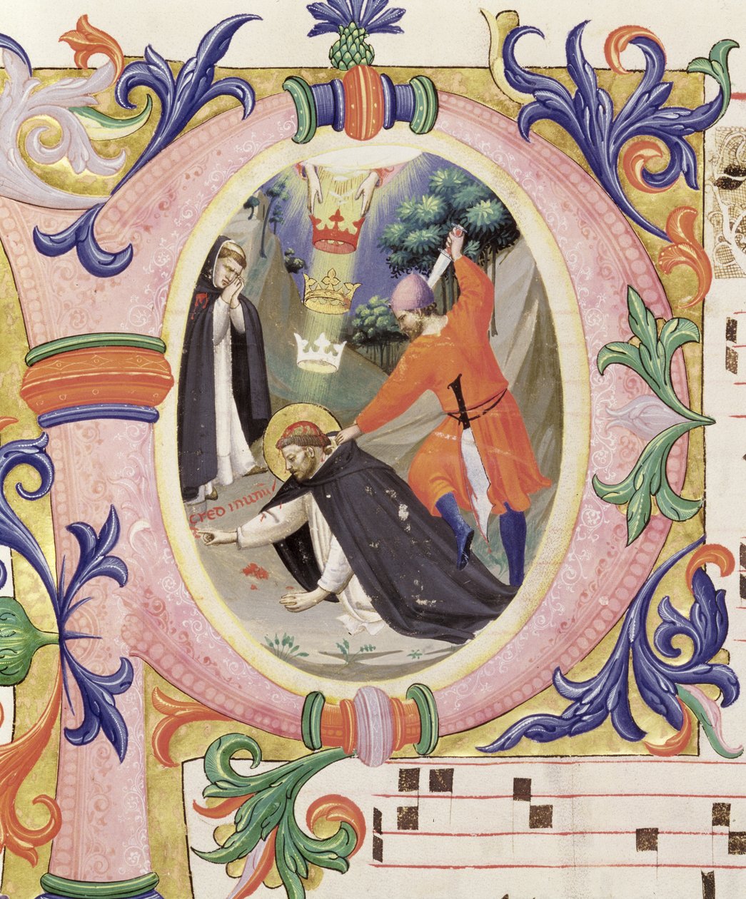 Mszał 558 f.68v Historyczny inicjał „P” przedstawiający zamach na św. Piotra Męczennika autorstwa Fra Angelico