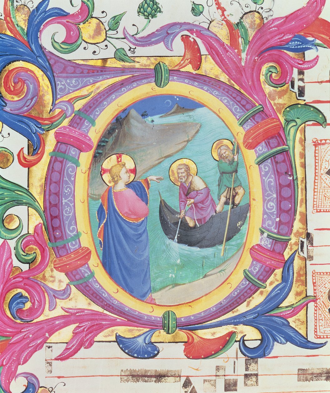 Mszał 558 f.9r Historyczny inicjał O przedstawiający Cudowny Połów Ryb (detal z 88928) autorstwa Fra Angelico