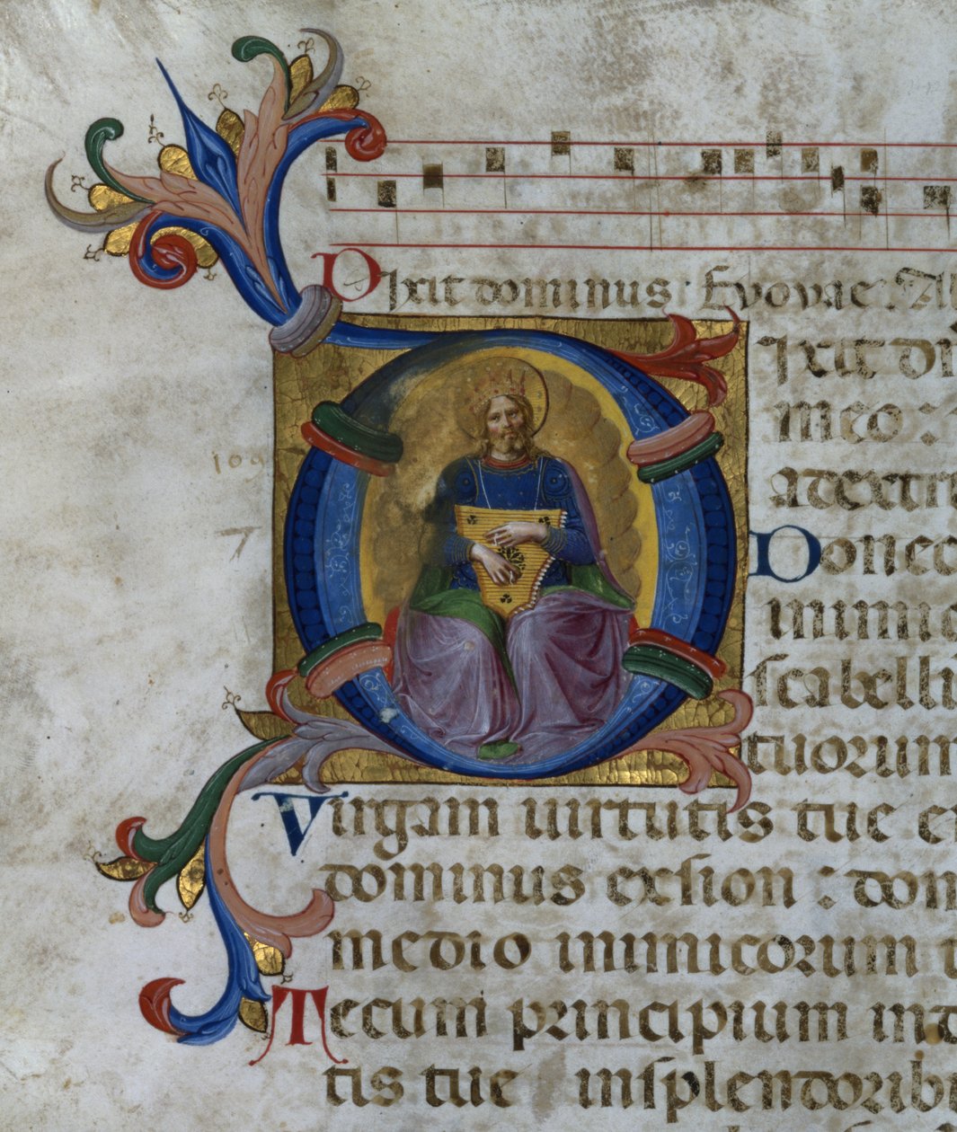 Ms 531 f.169v Historiograficzny inicjał "D" przedstawiający króla Dawida z lirą, z psałterza z San Marco e Cenacoli. autorstwa Fra Angelico
