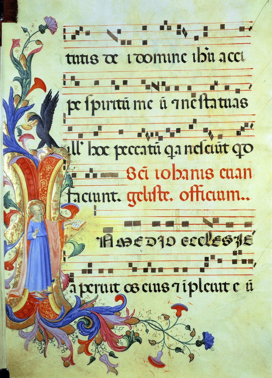 Ms 558 f.13v Historyczny inicjał „I” przedstawiający św. Jana Ewangelistę, ze stroną zapisu nutowego z Mszału, początek lat 30. XIV wieku autorstwa Fra Angelico