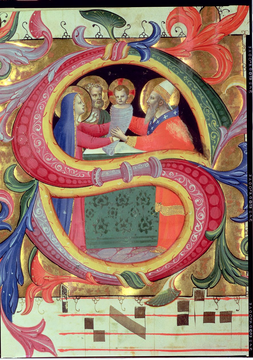 Ms 558 f.26v Ofiarowanie w Świątyni, przedstawiona w historycznym inicjale S, detal z mszału, początek lat 30. XIV w.,ellum, detal 78832 autorstwa Fra Angelico