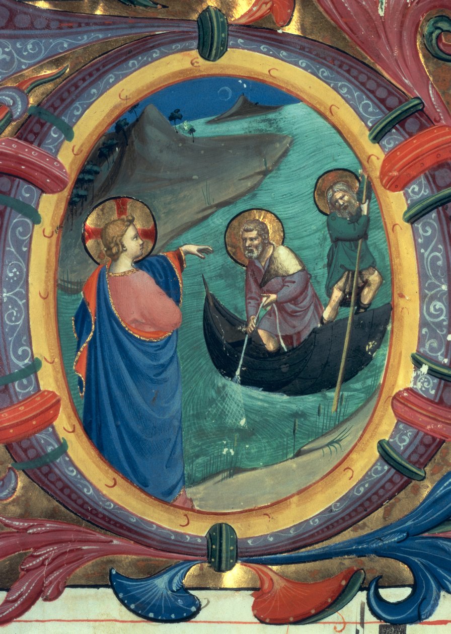 Ms 558 f.9r Wezwanie św. Piotra i św. Andrzeja, detal historiowanego inicjału O z mszału, wczesne lata 30-te XIV w.,ellum, detal z 88928 autorstwa Fra Angelico