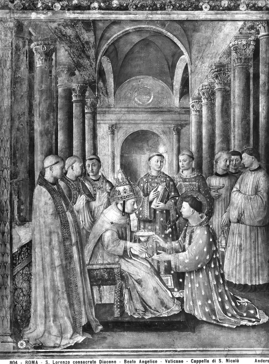 Papież Sykstus II (zm. 258) nadaje diakonat św. Wawrzyńca (zm. 258) z kaplicy Mikołaja V autorstwa Fra Angelico