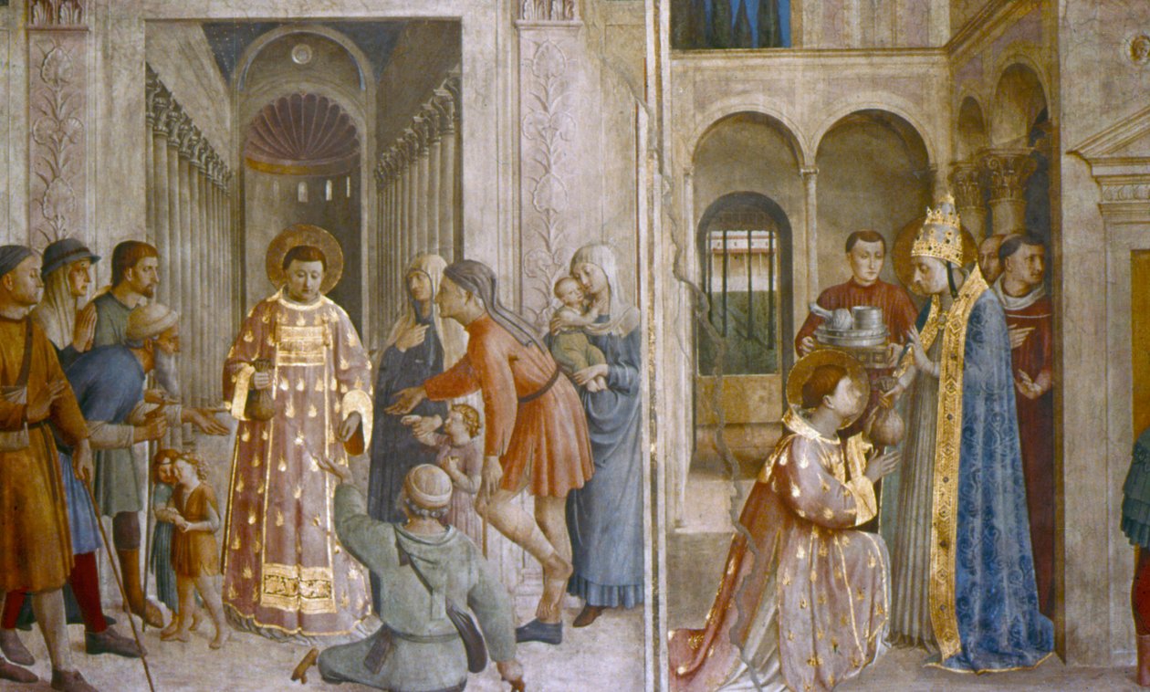 Papież Sykstus II przekazuje skarb kościelny św. Wawrzyńcowi w połowie XV wieku. autorstwa Fra Angelico