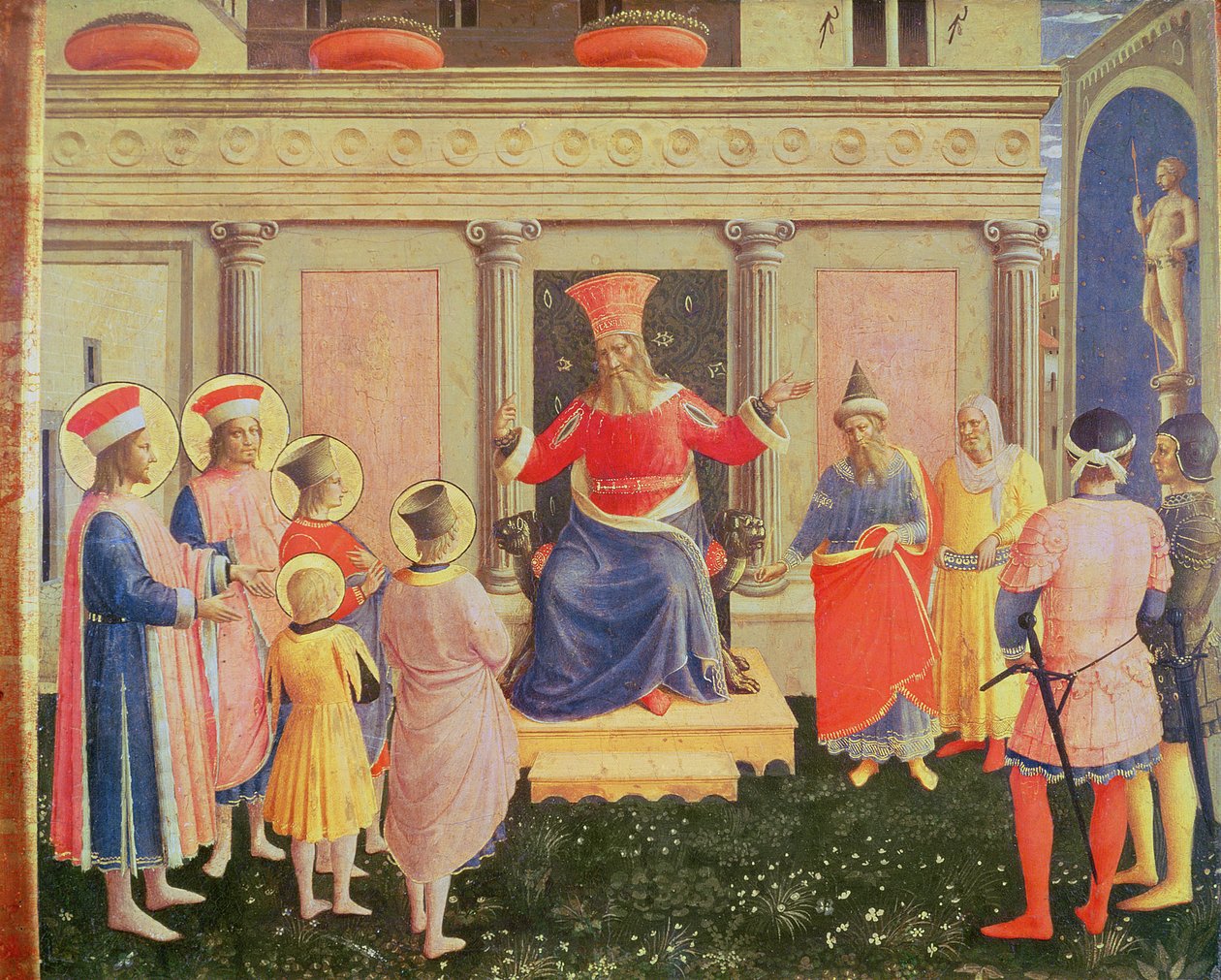 Święci Kosma i Damian oraz ich bracia przed prokonsulem Lizjaszem, z predelli ołtarza św. Marka, 1438-40 (tempera na desce) autorstwa Fra Angelico